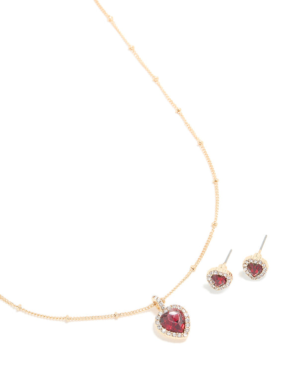 Gold Red Diamante Heart Halo Necklace & Stud Earrings Set