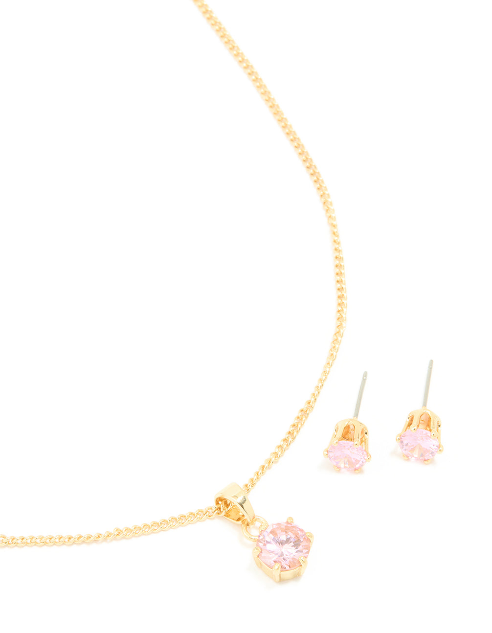 Gold Plated Pink Cubic Zirconia Pendant Necklace & Stud Earrings Set