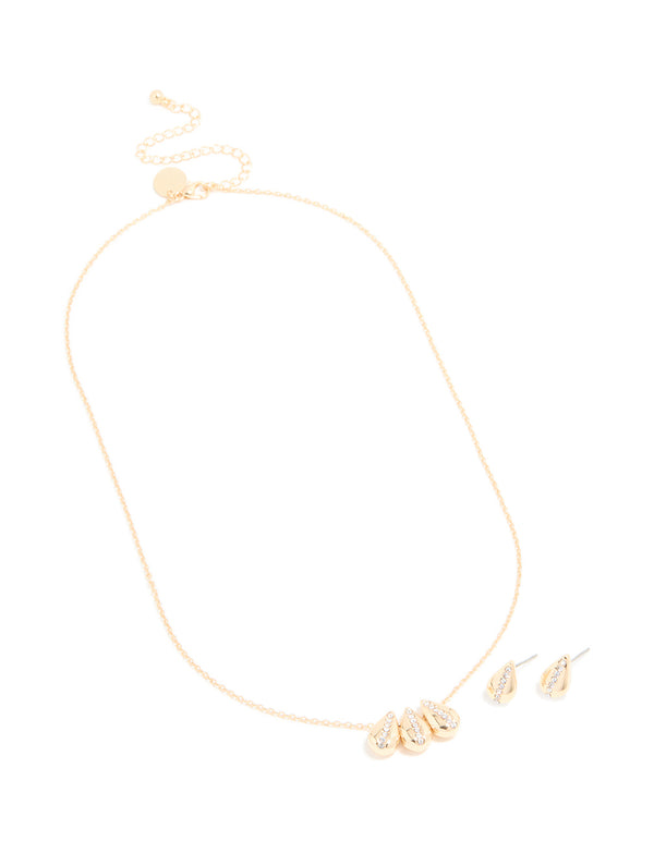 Gold Diamante Centre Petal Necklace & Stud Earrings Set