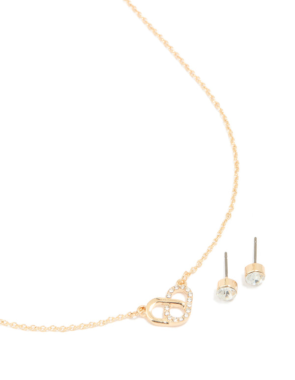 Gold Overlap Pendant Necklace & Classic Diamante Stud Earrings Set