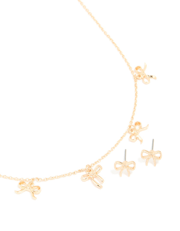 Gold Bow Necklace & Stud Earrings Set