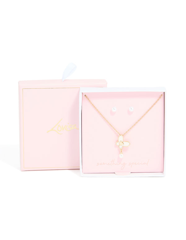 Gold Pearl Butterfly Pendant Necklace & Pearl Stud Earrings Set