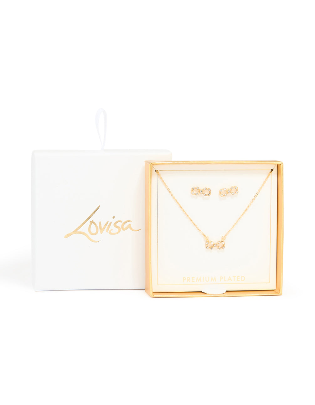 Gold Diamante Infinity Necklace & Stud Earrings Set