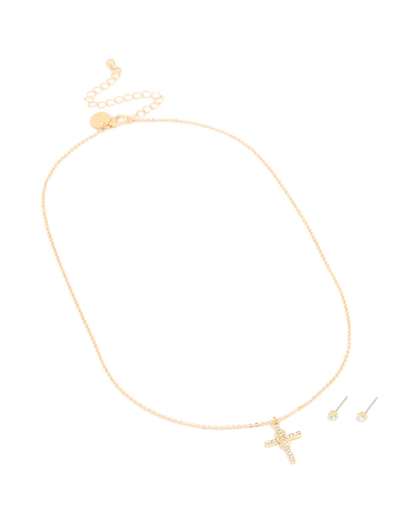 Gold Plated Diamante Cross Necklace & Classic Stud Earrings Set