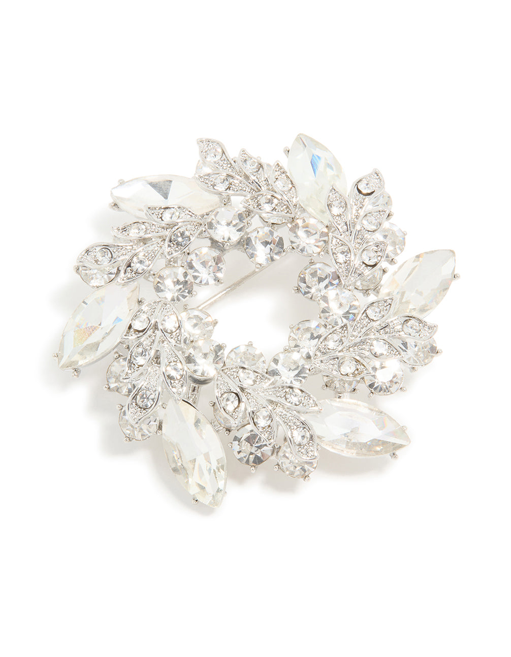 Silver Diamante Leaf Wreath Brooch