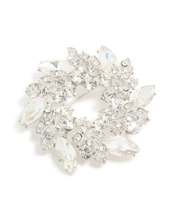 Silver Diamante Leaf Wreath Brooch
