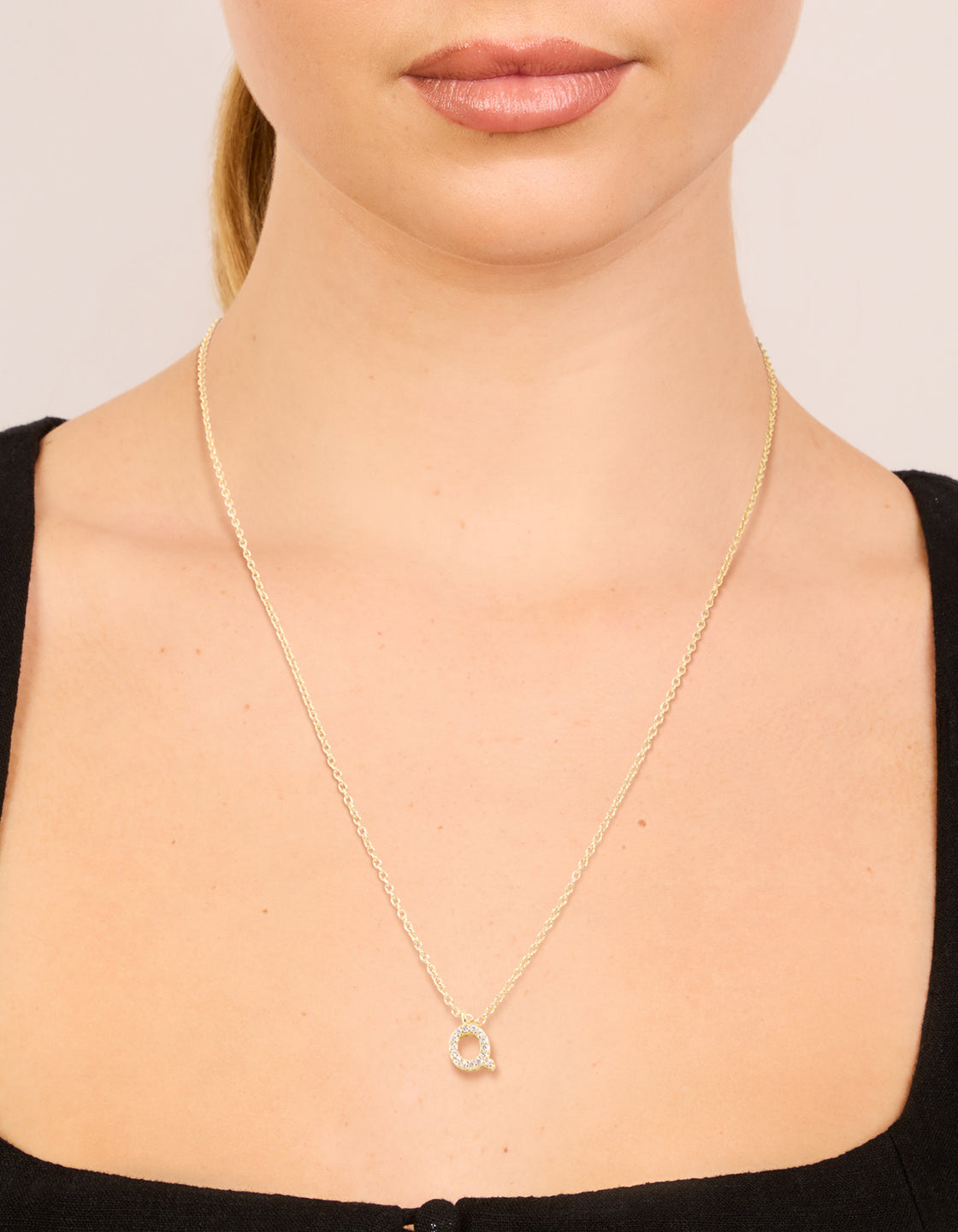 Gold Plated Brass Cubic Zirconia Letter Q Necklace