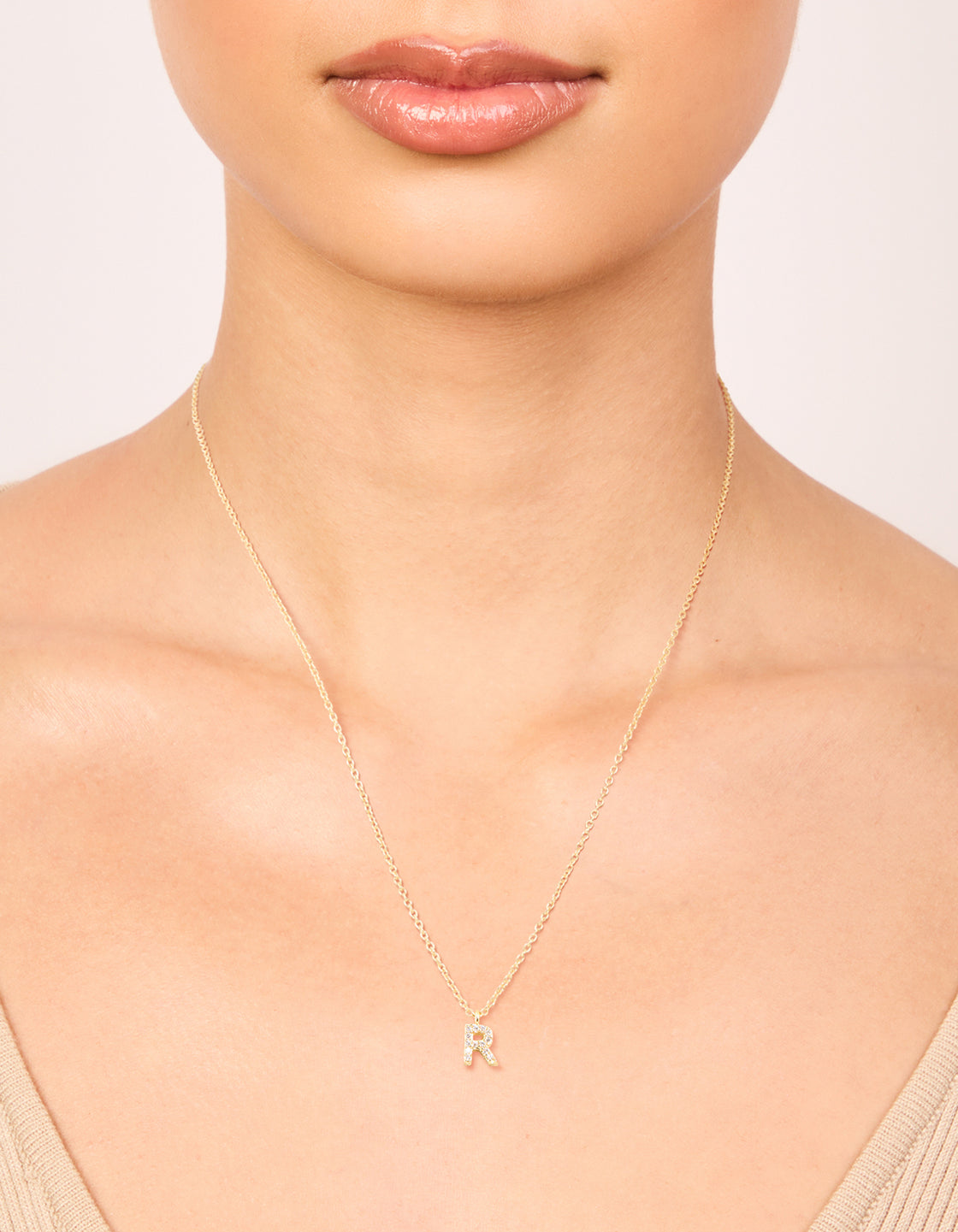 Gold Plated Brass Cubic Zirconia Letter R Necklace