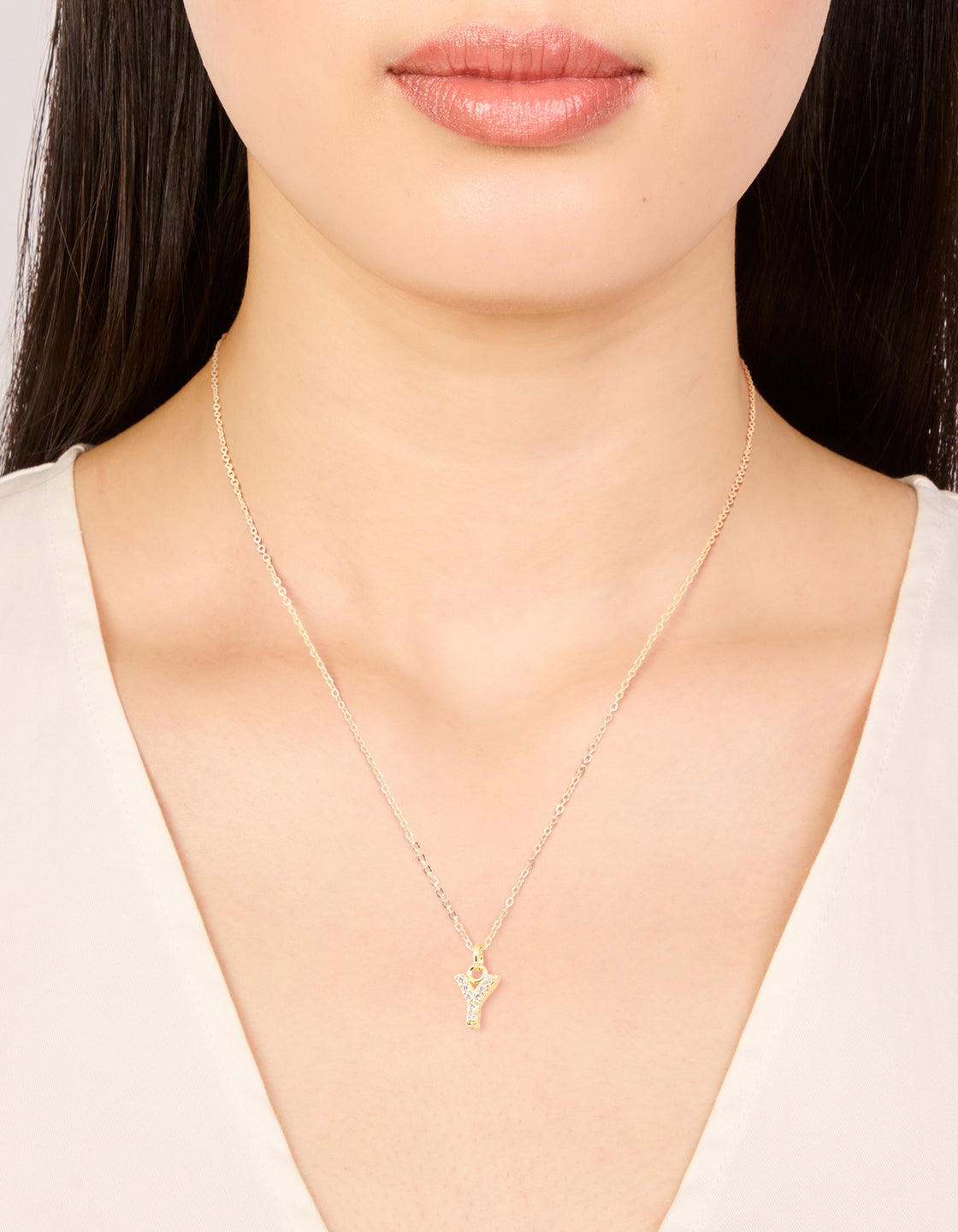 Gold Plated Brass Cubic Zirconia Letter Y Necklace