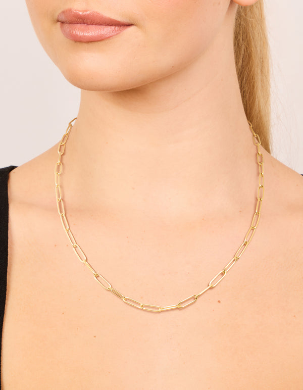 Designed with waterproof gold plated stainless steel open oval link chain necklace in chunky style on neck view