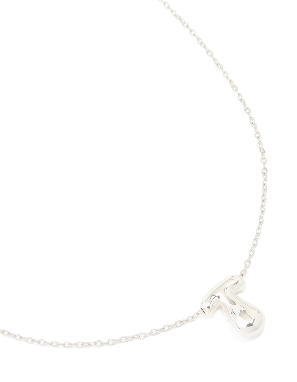 Featuring a waterproof stainless steel large bubble letter T necklace with initials pendant in silver close up view