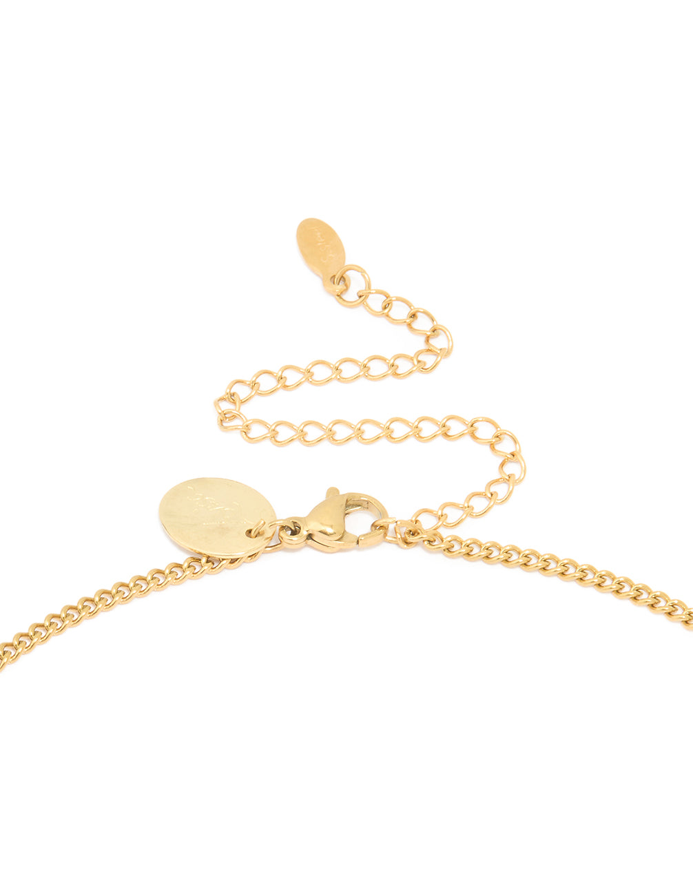Highlighting the waterproof gold plated stainless steel Pisces circle zodiac sign necklace with adjustable clasp detail view