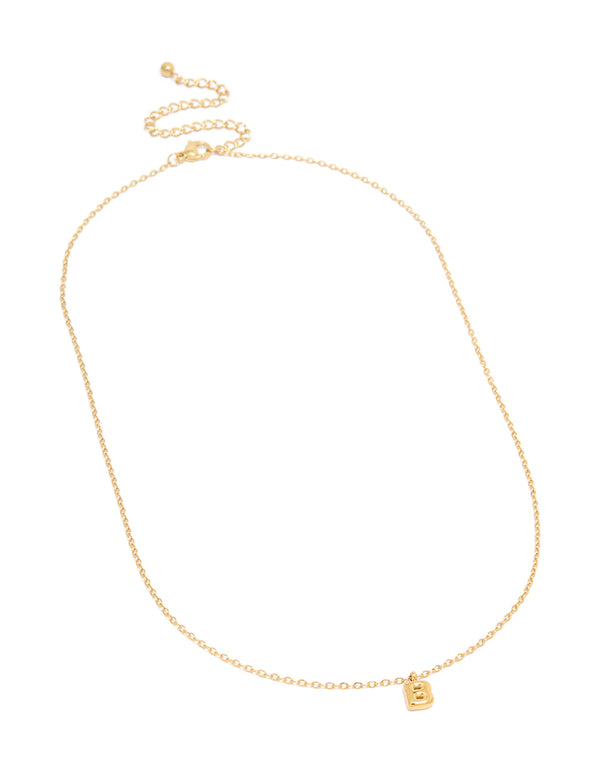 Presenting a waterproof mini bubble letter B initial pendant necklace crafted from gold plated stainless steel front view