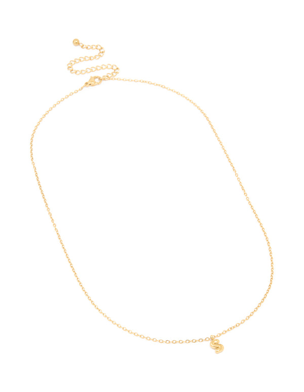 Showcasing waterproof gold plated stainless steel bubble letter S initial pendant necklace with ball detail in dainty style front view