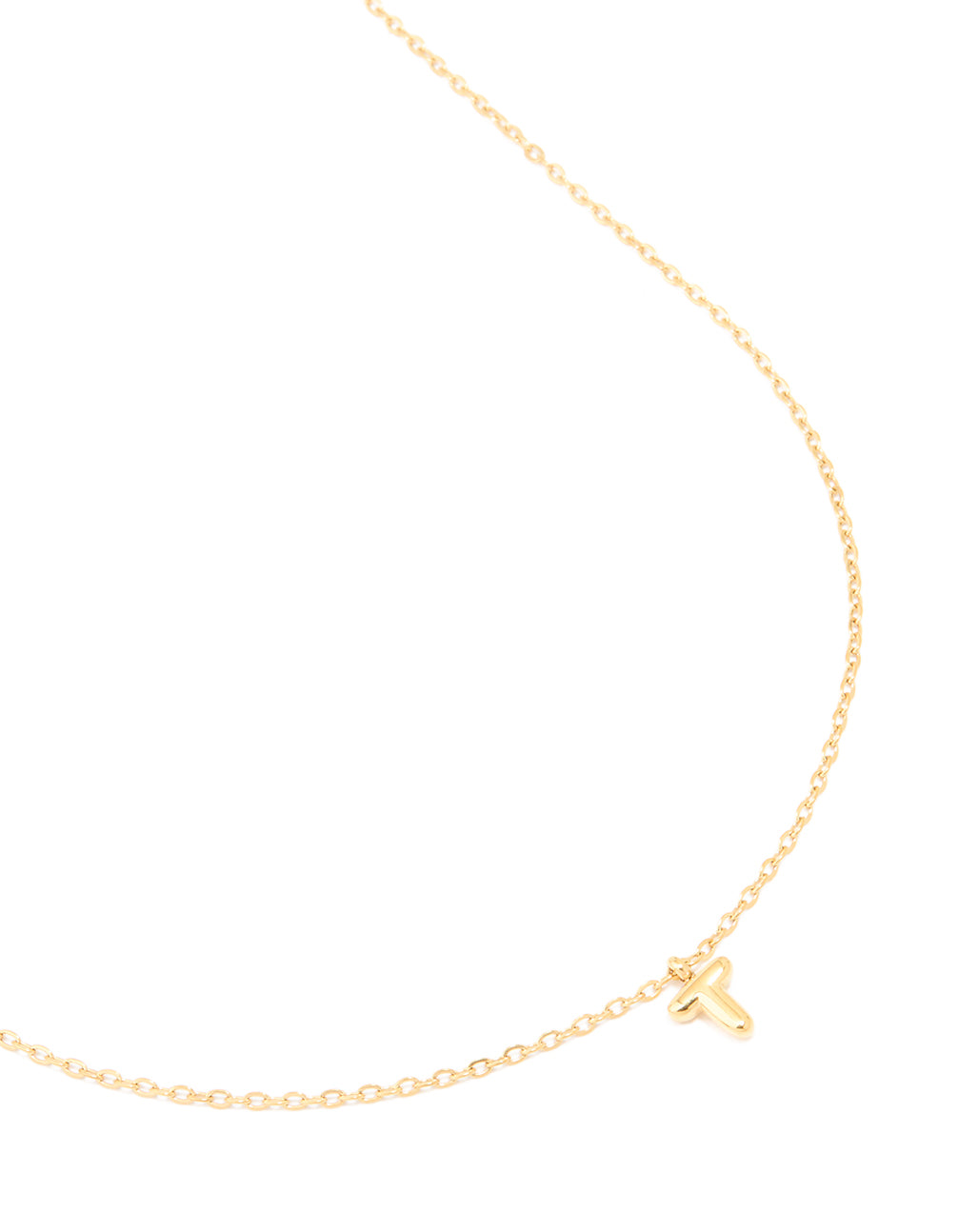 Elegant waterproof mini bubble initial T pendant necklace crafted from gold plated stainless steel in a dainty style front view