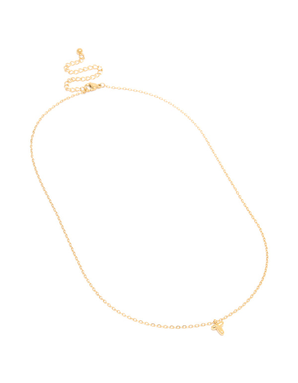 Beautiful waterproof mini bubble initial T pendant necklace in gold plated stainless steel with dainty chain front view