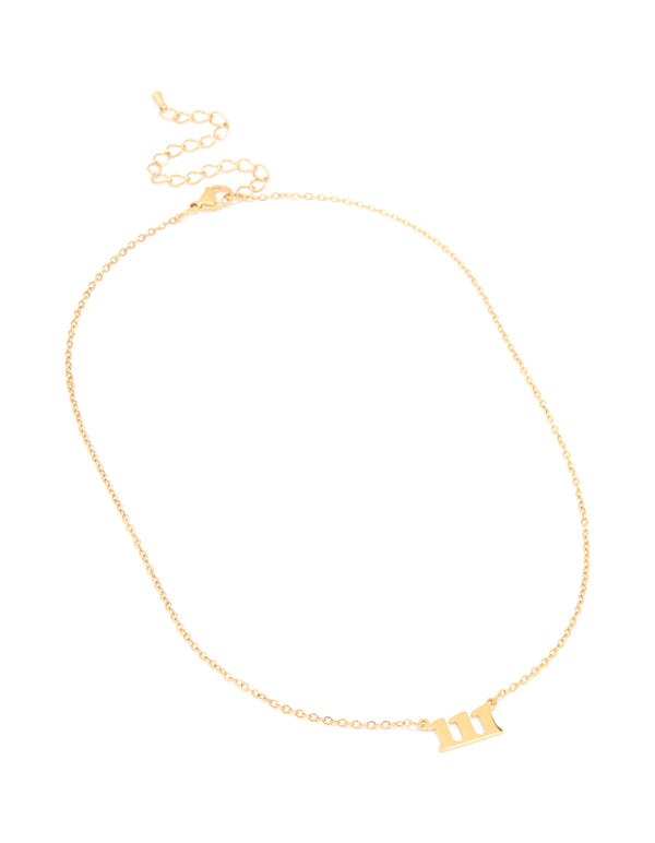 Crafted from waterproof gold plated stainless steel, this angel number 111 necklace features numbers and adjustable chain front view