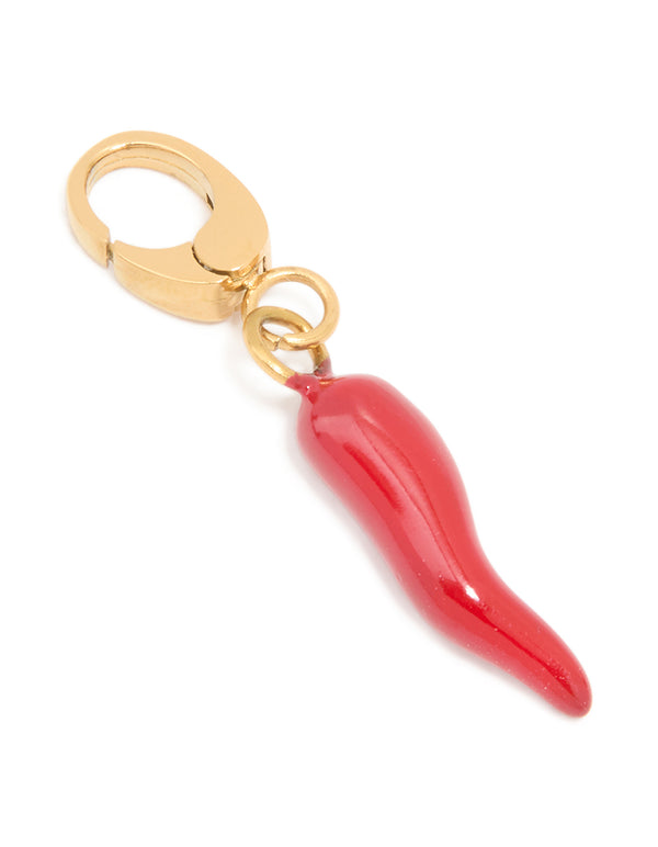 Showcasing a red chilli charm crafted from waterproof gold plated stainless steel front view