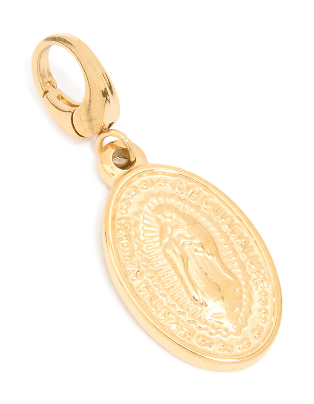 Featuring a waterproof gold plated stainless steel Mary disc charm front view
