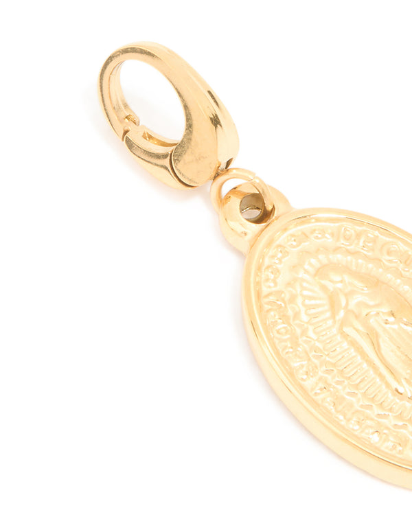 Crafted from waterproof gold plated stainless steel Mary disc charm clasp detail view