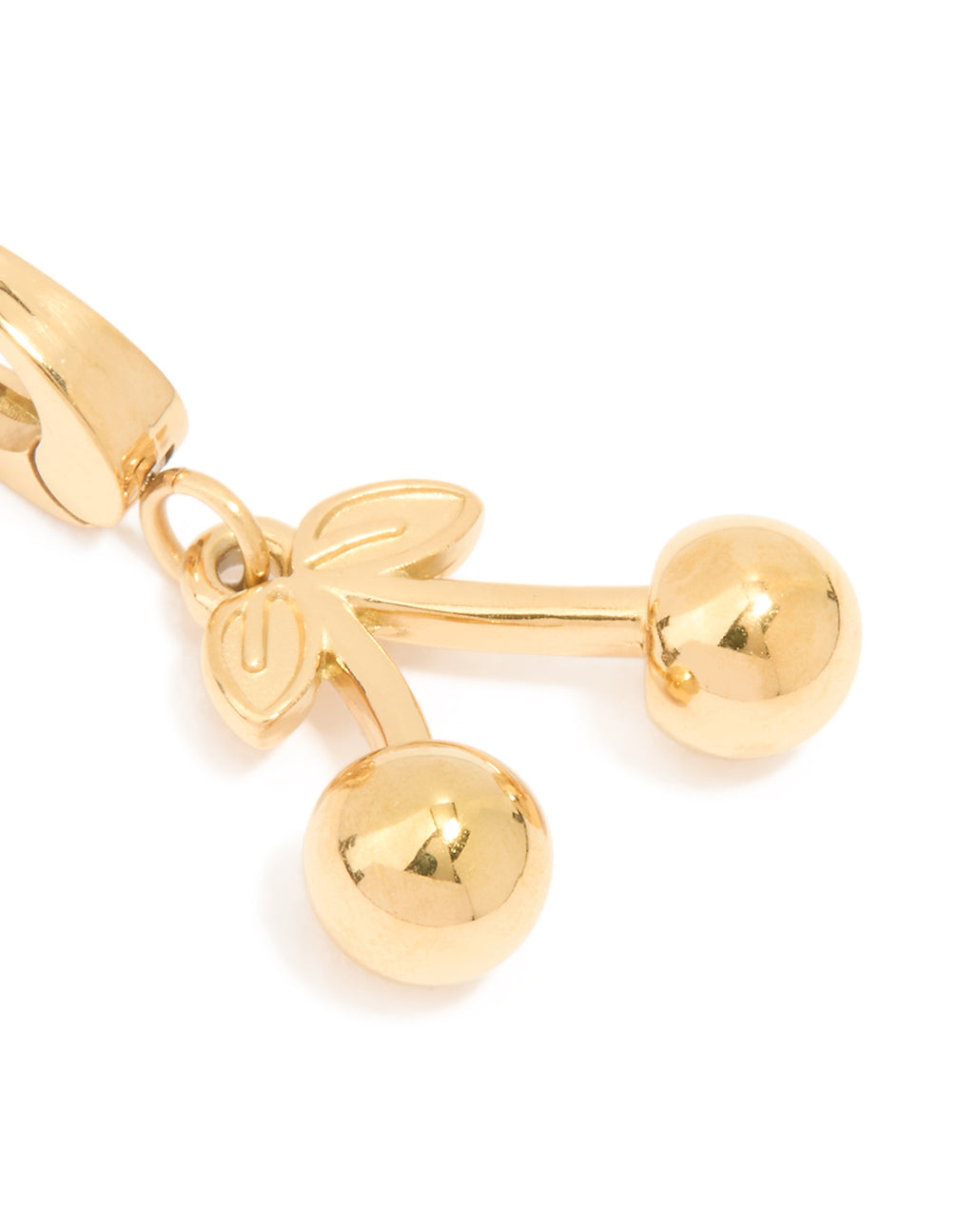 Featuring a waterproof cherry fruit charm, crafted from stainless steel in dainty gold plated finish close up view