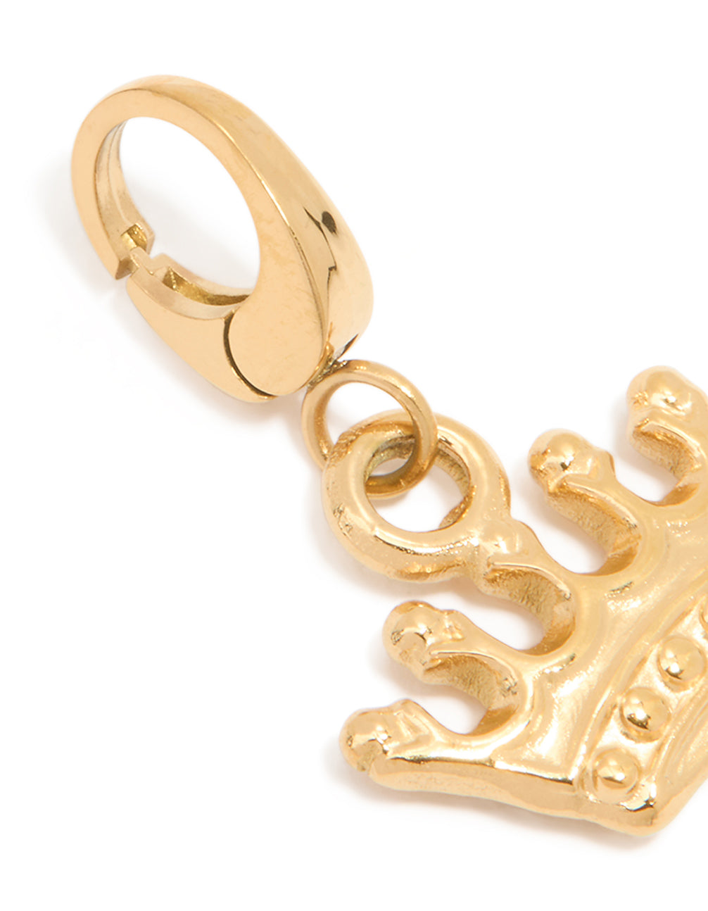 Featuring waterproof gold plated stainless steel, this crown charm displays dainty craftsmanship clasp detail view