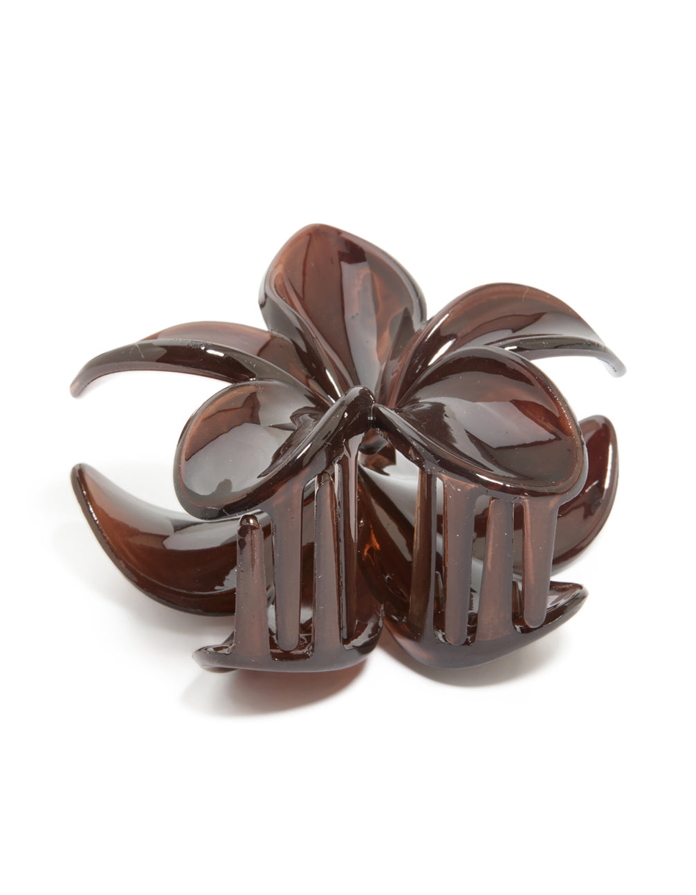 Crafted from translucent resin, this brown solid claw clip features floral petal design in saddle brown and sienna tones, front view