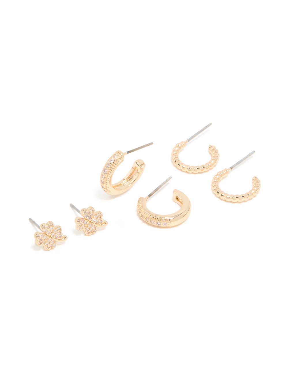 Gold Cubic Zirconia Clover & Hoop Earrings 3-Pack