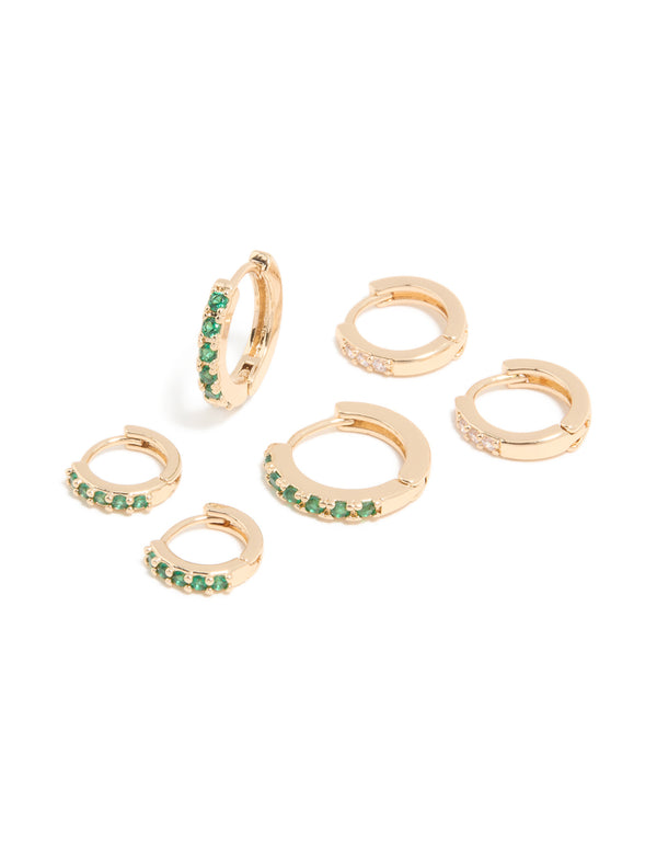 Gold Emerald & Clear Cubic Zirconia Huggie Earrings 3-Pack