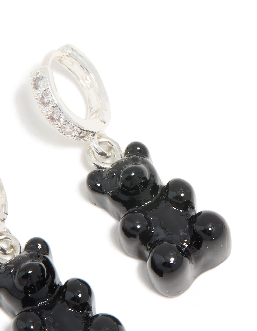 Silver Cubic Zirconia & Black Teddy Bear Huggie Earrings