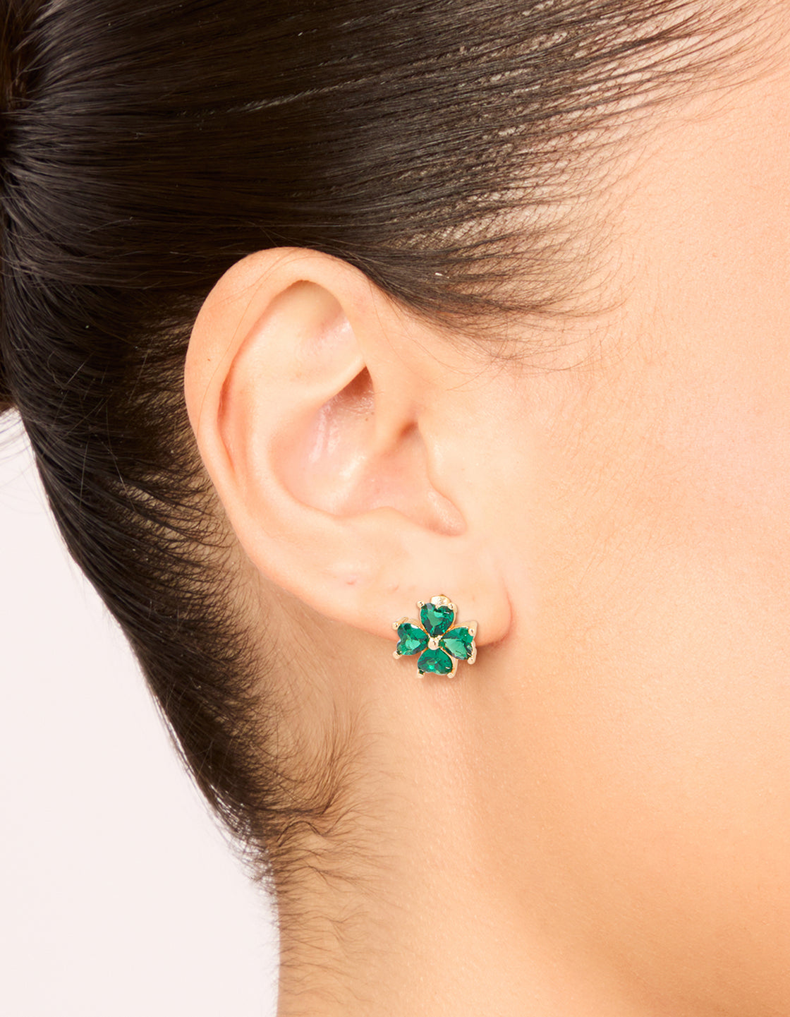 Gold Emerald Cubic Zirconia Clover Huggie Earrings