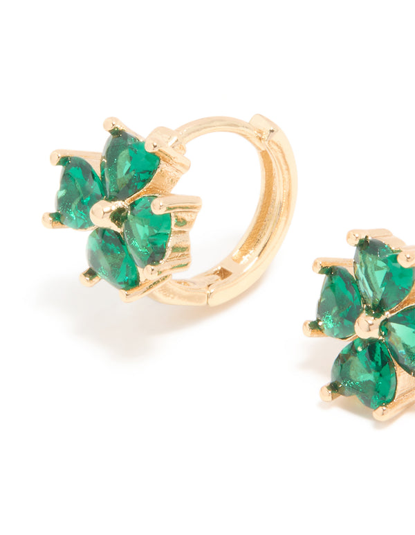 Gold Emerald Cubic Zirconia Clover Huggie Earrings
