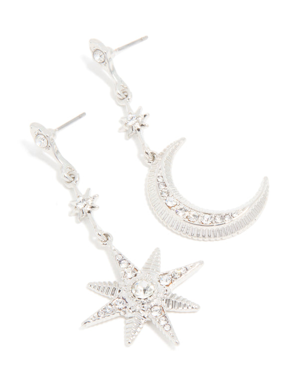 Silver Diamante Sun & Moon Drop Earrings