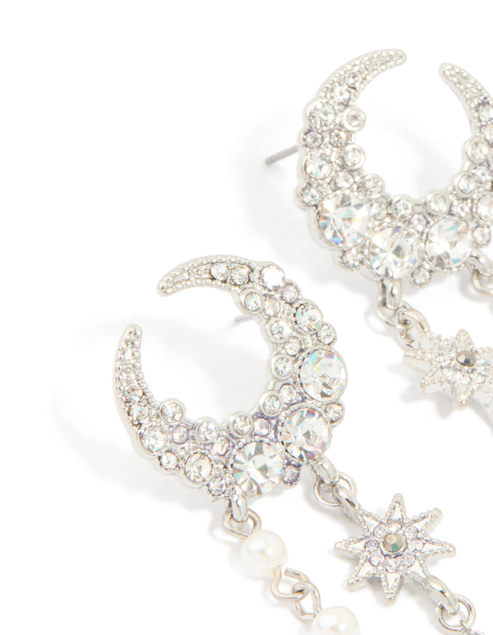 Silver Diamate & Pearl Celestial Drop Earrings