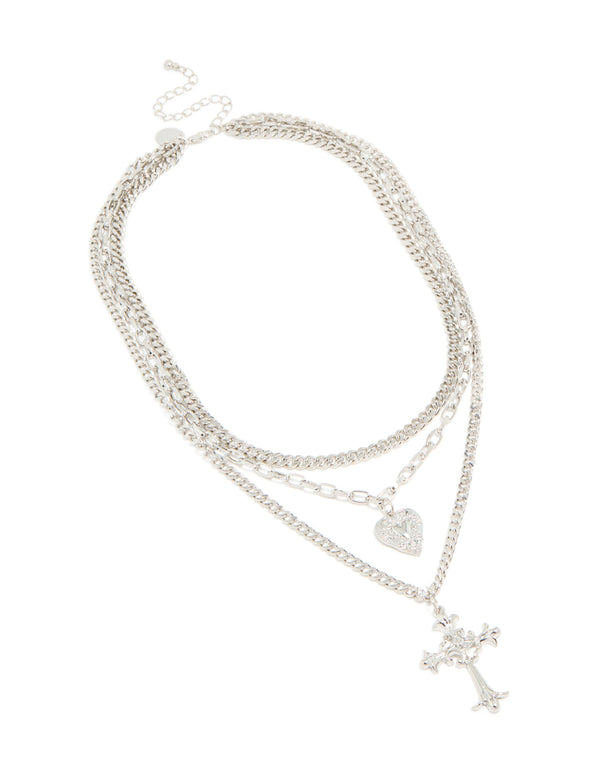 Silver Heart & Cross Gothic Layered Necklace