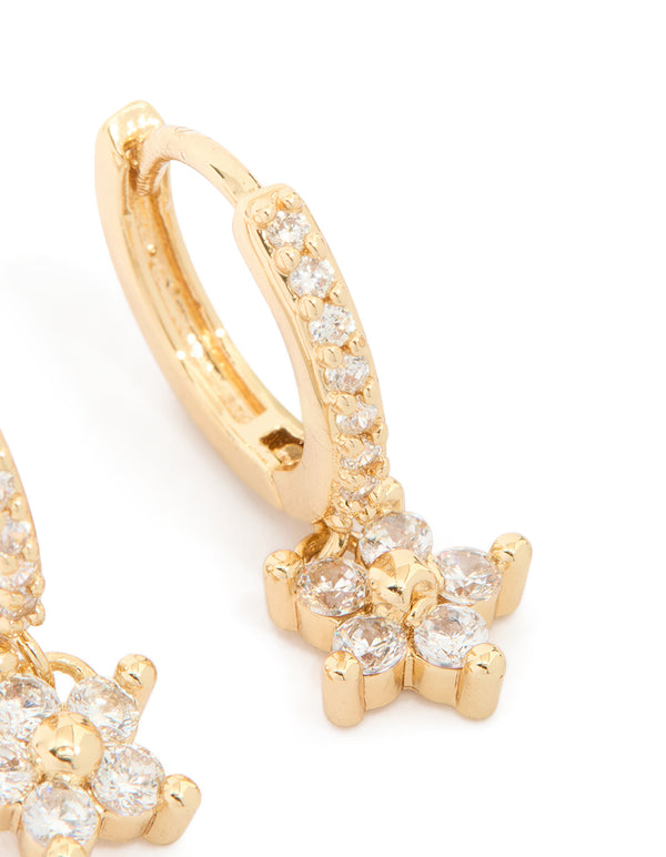 Gold Plated Cubic Zirconia Flower Pendant Huggie Earrings