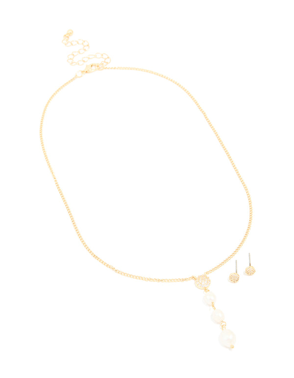 Gold Plated Cubic Zirconia Freshwater Pearl Drop Earrings & Necklace Set