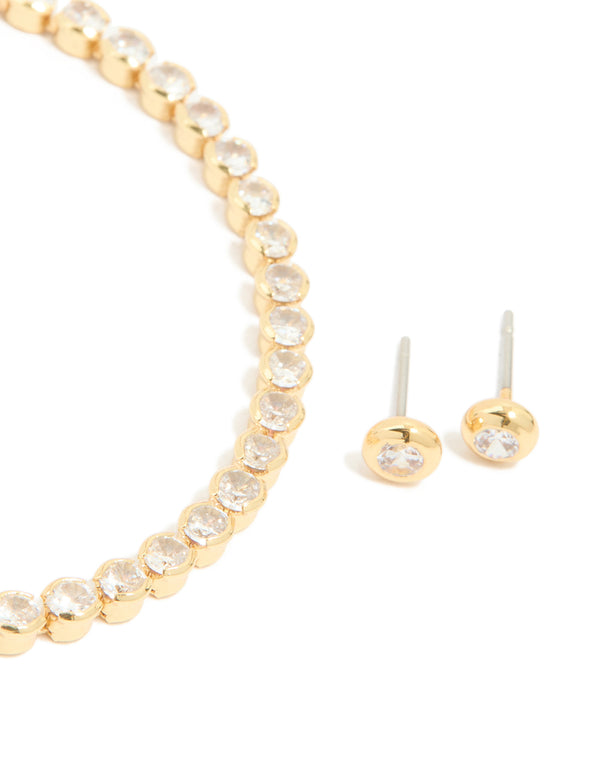 Gold Plated Cubic Zirconia Tennis Bracelet & Earrings Set