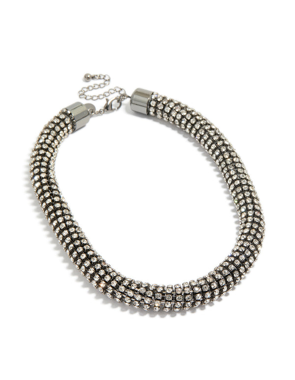 Displaying a gunmetal diamante tube necklace in silver with statement styling front view