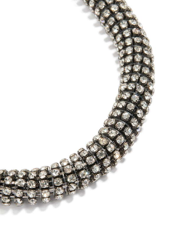 Featuring a gunmetal diamante tube necklace in silver with statement styling close up view