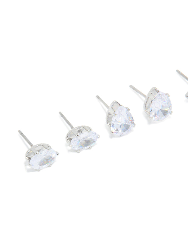 Silver Cubic Zirconia Marquise Mixed Shape Stud Earrings 3-Pack