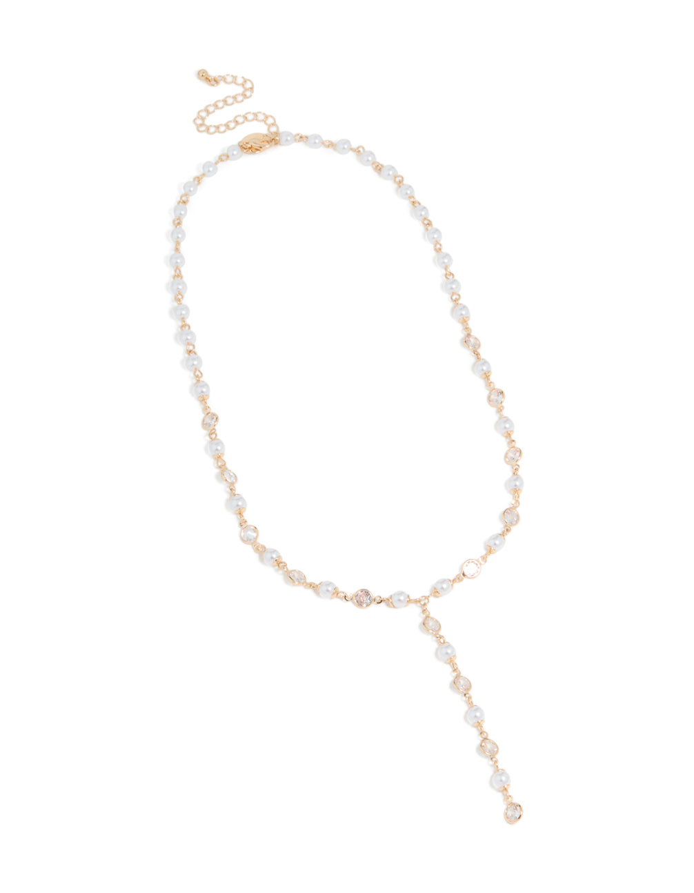 This cubic zirconia and pearl chain Y-necklace in gold front view