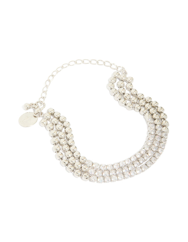 Silver Cubic Zirconia Half Cup Chain Layered Bracelet