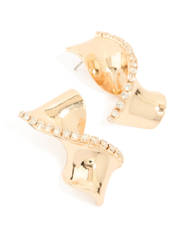 Gold Diamante Edge Twist Stud Earrings