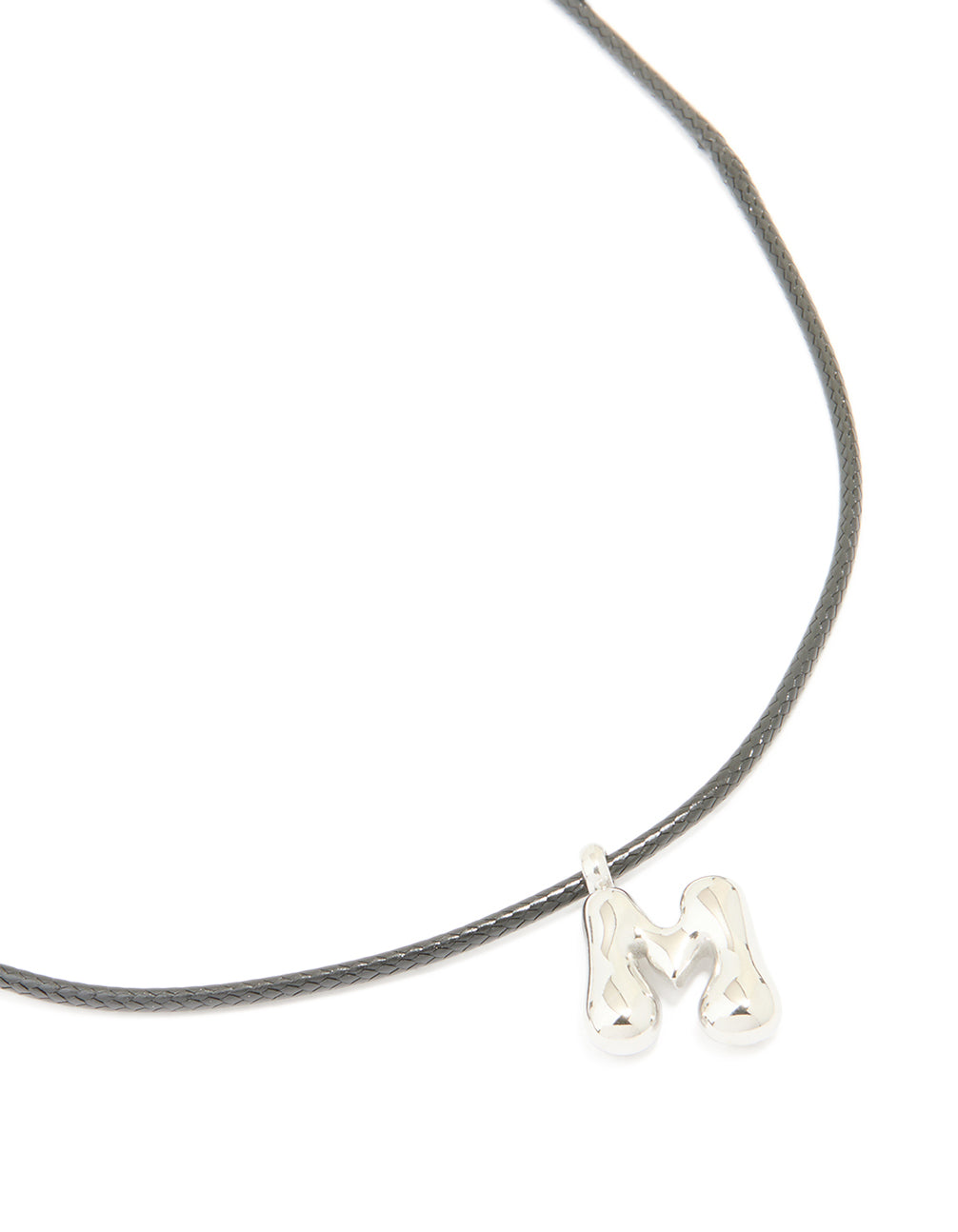 Discover this waterproof stainless steel large bubble letter M initial pendant featuring grey cord dainty necklace close up view