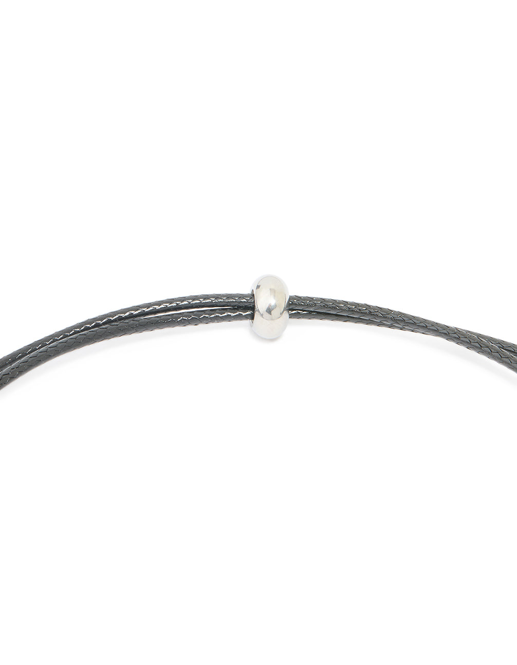 This waterproof stainless steel large bubble letter T initial silver pendant features grey cord necklace clasp detail view