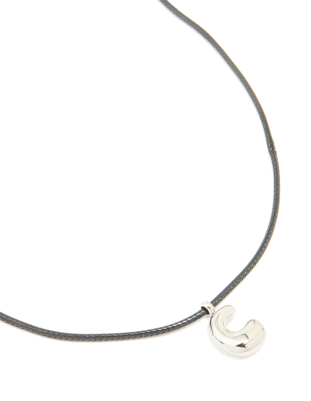 Discover this waterproof stainless steel large bubble letter C grey cord necklace with initial pendant in silver close up view