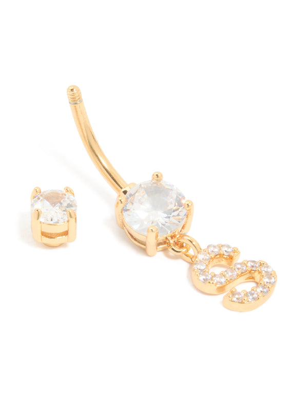 Gold Plated Surgical Steel Cubic Zirconia Pavé Letter S Belly Bar