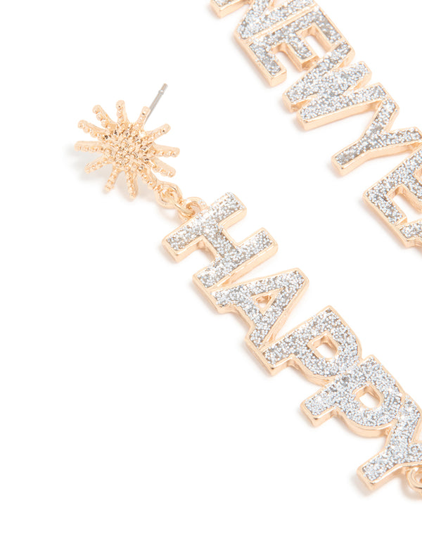 Gold Diamante Happy New Year Star Drop Earrings