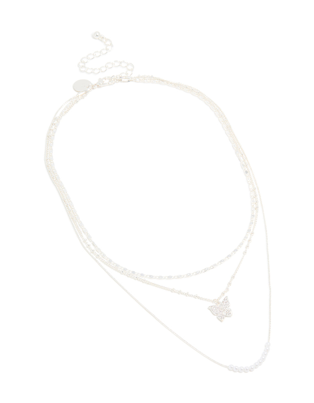 Silver Plated Cubic Zirconia Butterfly, Pearls & Chain Layered Necklace